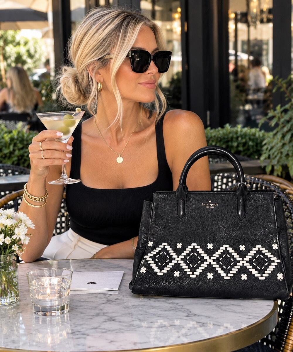 KATE SPADE Black White Stitch Meriwether Flynn Leather Small Top Handle Bag